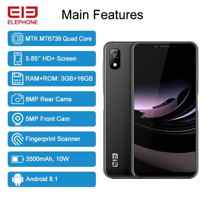 ELEPHONE A4 3 Гб 16 мобильный телефон 8 Мп задняя камера Android 1 5 85 &quotHD + 18:9 экран