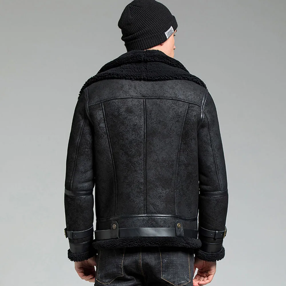 Luxury Double Collars Long Zipper Till the End of Collars Black Thicken Real Natural Shearling Fur Jacket Slim Genuine Leather