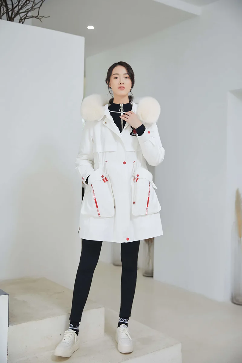 Зимнее женское пальто средней длины с капюшоном, тонкое очень теплое белое пуховое пальто с воротником из натурального Лисьего меха