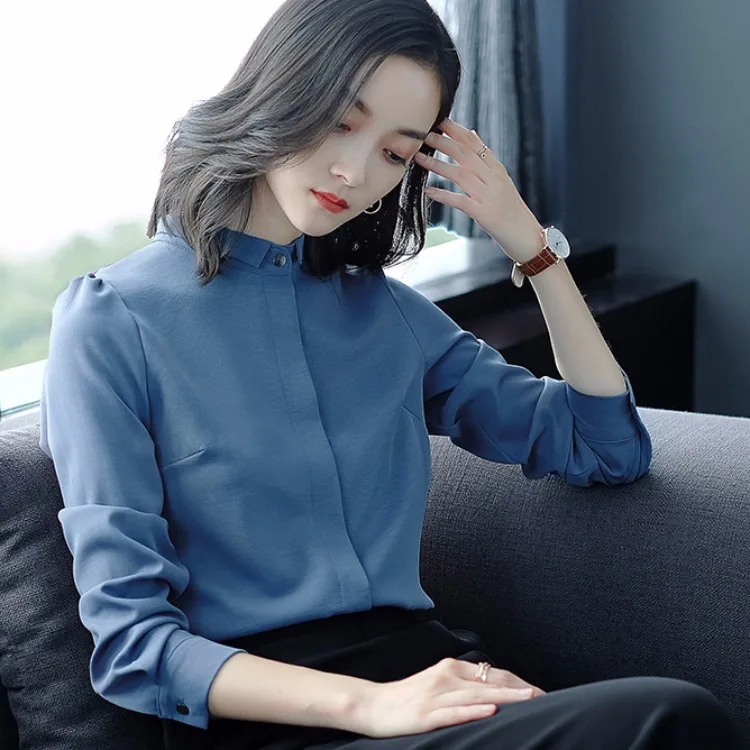 

White Shirt Women's 2019 Autumn Clothing New Style Career Ol Long Sleeve Stand Collar Chiffon Shirt Loose And Plus-sized Tops Ba