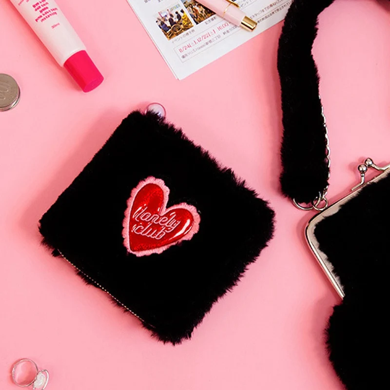 1PC Mini Plush love Square Wallet Laser PVC Wallet Pink Black Women Lady Coin Purse Wallet Winter Harajuku Small Wallet Dropship
