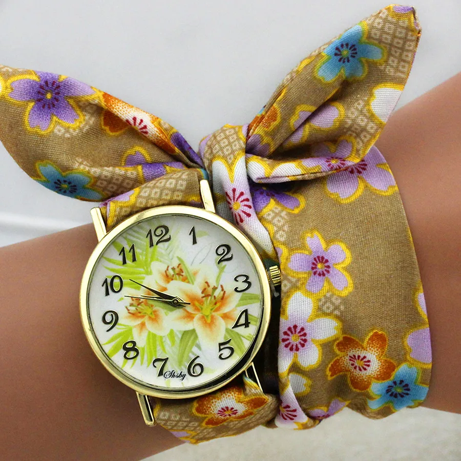 Shsby Design Ladies Flower Cloth Wrist Watch Gold Fashion Women Dress Watches High Quality Fabric Clock Sweet Girls Watch 6