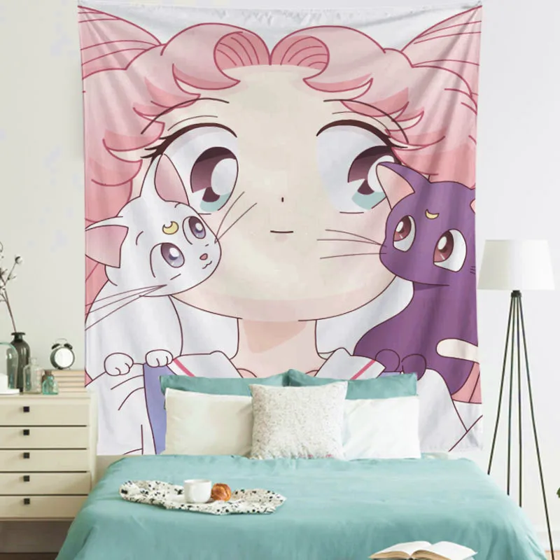 Anime Sailor Moon Cat Girl Tapestry Wall Hanging Decor Retro Printed Home Decor Hanging Living Printing Wall Tapestry