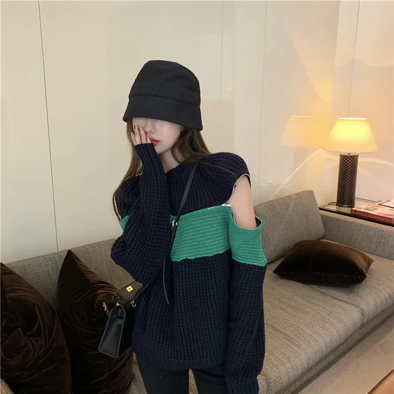 Neploe контрастный цвет лоскутное Pull Femme Hiver сексуальный с открытыми плечами на молнии дизайн длинный рукав вязаный джемпер свитер пуловер с круглым вырезом
