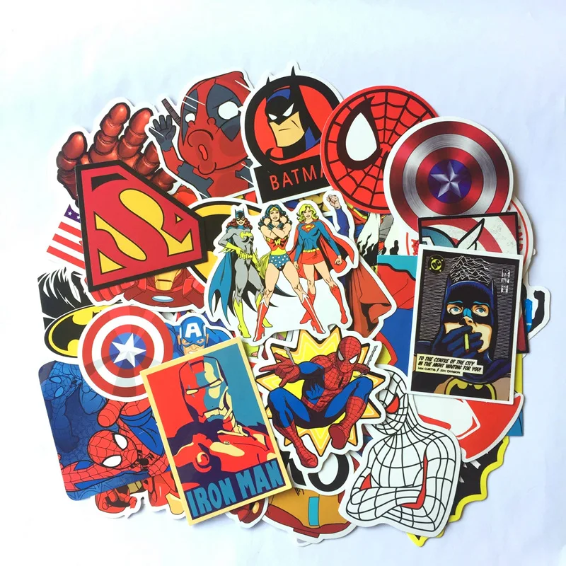 50PCS Anime Super Hero Stickers Marvel DC Suitcase Trolley Case Stickers Superman Batman Graffiti Sticker for Skateboard Luggage - Color: Red