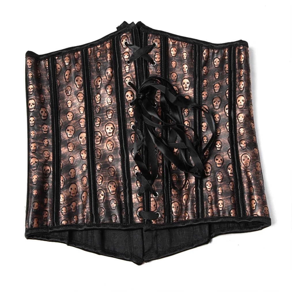 Gothic Burlesque Sexy Skull Shirt Corset, Brown Erotic Corset Mujer Lingerie Corgested Bustiers Top Masquerade Party Costumes