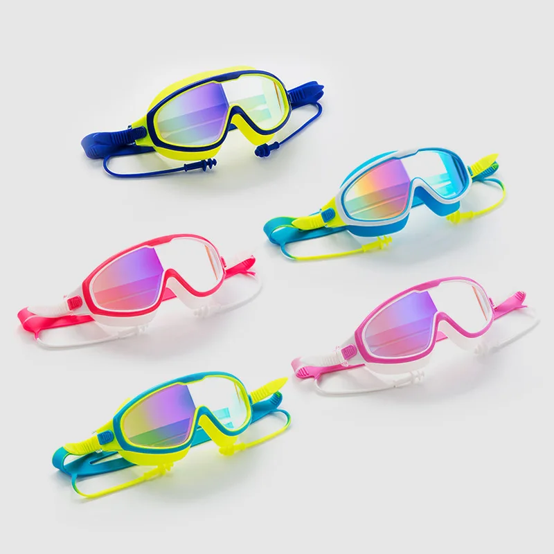 

Children Swimming Goggles Cool Big Box One-piece Earplug Colorful Electroplating Goggles Anti-fog UV-Protection Swimming Goggles
