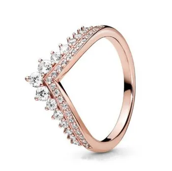 

Genuine 925 Sterling Silver Ring Rose Gold Princess Wishbone Ring With Crystal For Women Wedding Party Gift Fashion Jewelry