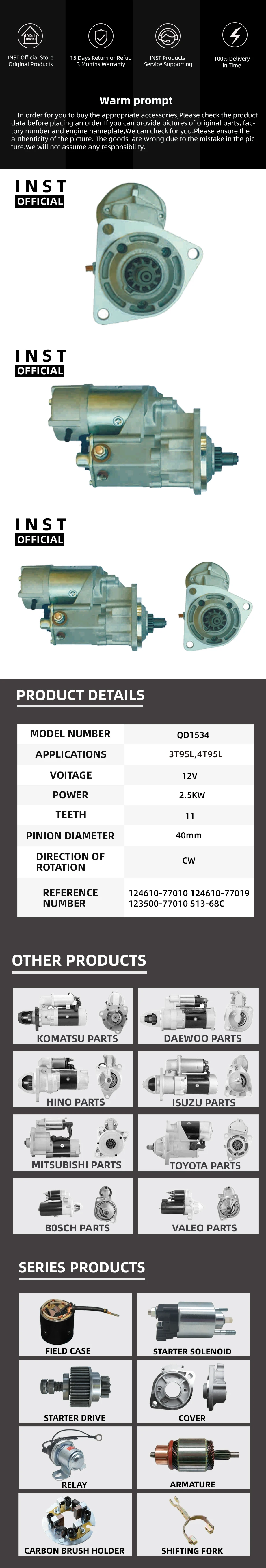 High Torque 12 Volt Starter fits Yanmar 3T95L 1981-1992 replaces 42461077010 