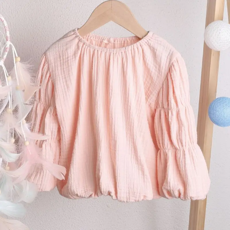 Spring Girls Blouse Autumn Cotton Shirts Girls Long Sleeve Solid Color Puff Sleeve kids Blouse Top Children Clothing