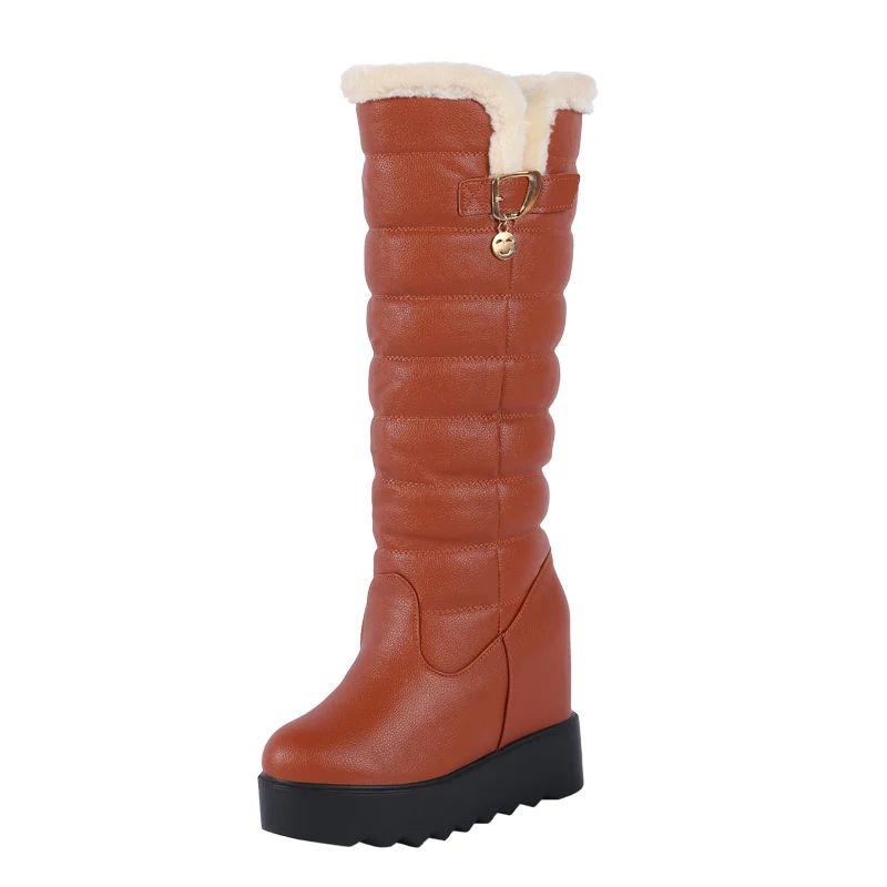Winter Mid Calf Snow Boots lining Plush Women High Heels Thick Bottom Shoes Woman Height Increacsing High Tube Boots WB068