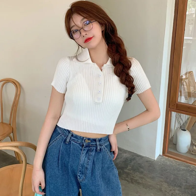 

Fashion Short Sleeve Knitted T-Shirt Solid Color Women Turn-down Collar T Shirts Casual Summer Short Tops