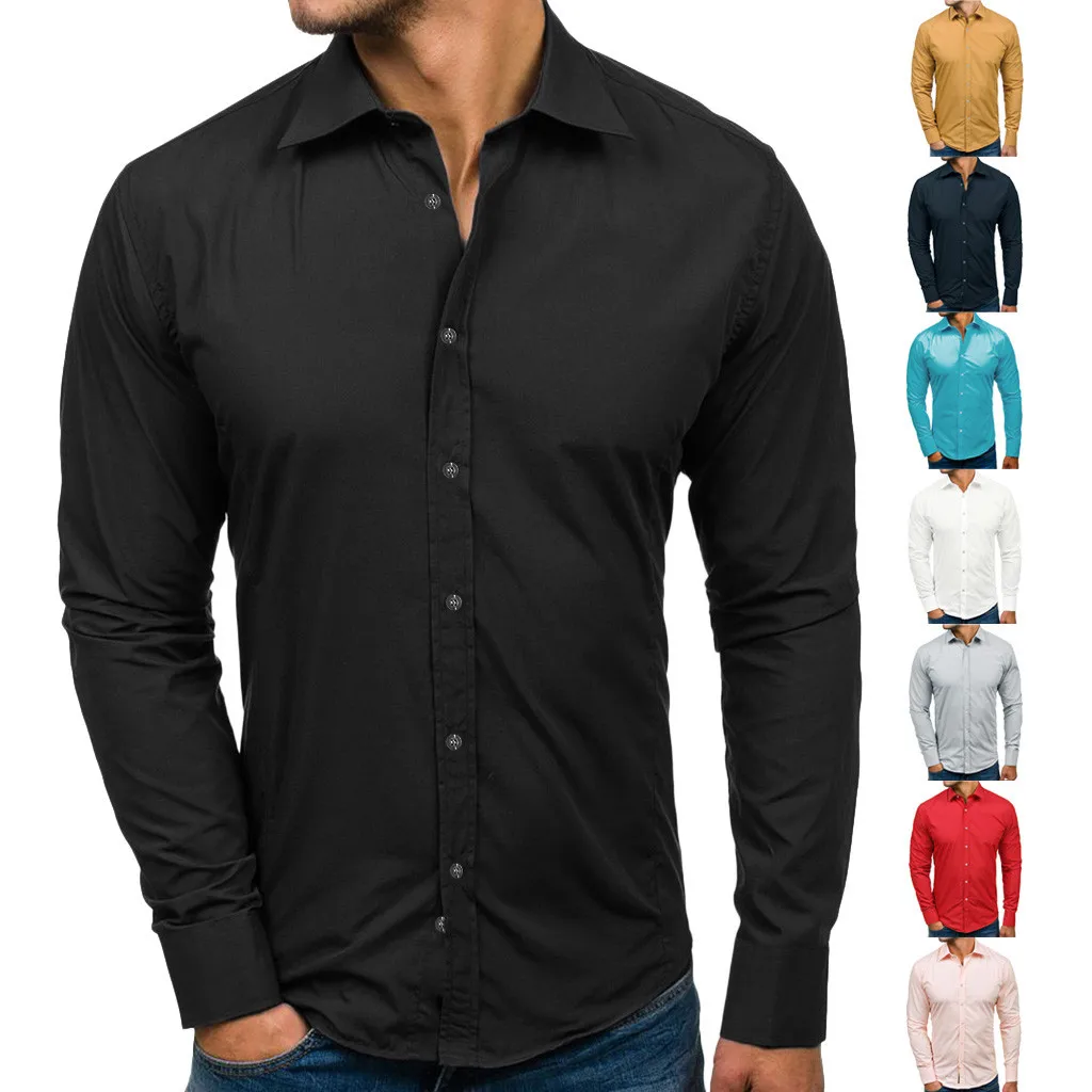 Мужская повседневная однотонная дизайнерская рубашка на пуговицах, Топ с длинным рукавом, блуза, деловые рубашки, мужская рубашка, одноцветная мужская рубашка