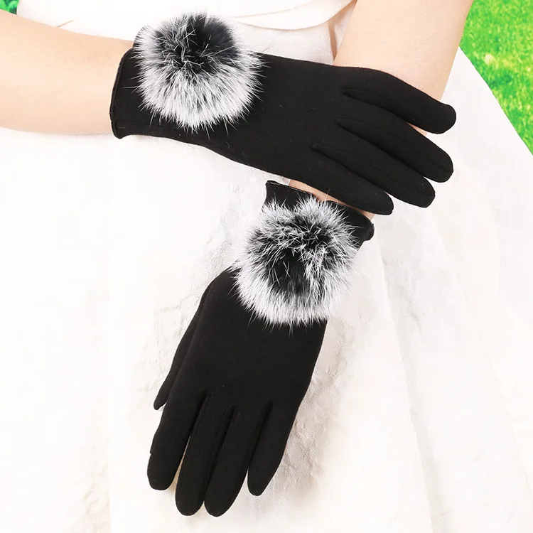 

New Winter Warm Gloves Wholesale Ladies Rabbit Fur Ball Non-Pour Fleece Gloves Plus Fleece Touch Screen Gloves