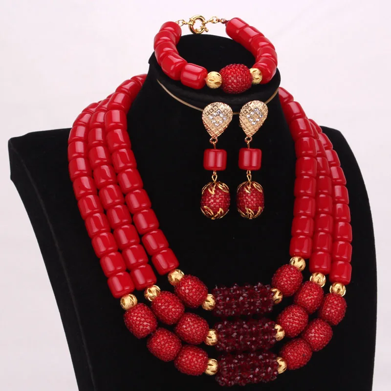 Dudo Store African Jewelry Set New Designs 3 Layers Artificial Coral Beads Jewellery Set 2019 With Gold Beaded Balls 3 Pieces - Image 6