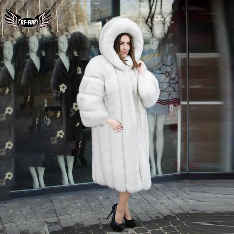 BFFUR,, натуральное меховое пальто для женщин, натуральный белый Лисий мех, куртка, длинная Роскошная Одежда, Женское пальто с капюшоном, с натуральным лисьим мехом
