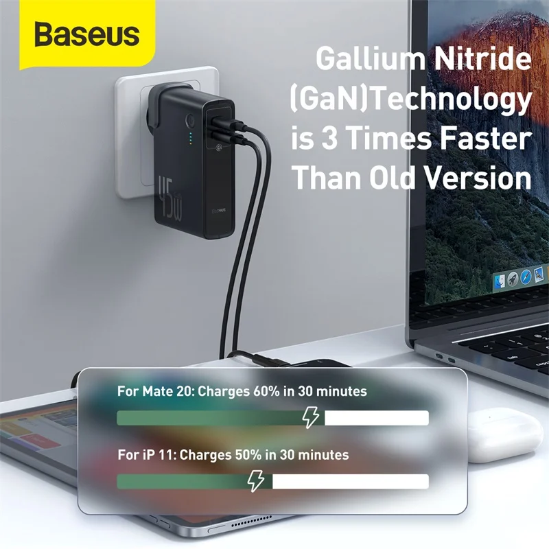 Портативное зарядное устройство Baseus GaN 45 Вт 10000 мАч USB Type C PD быстрая зарядка