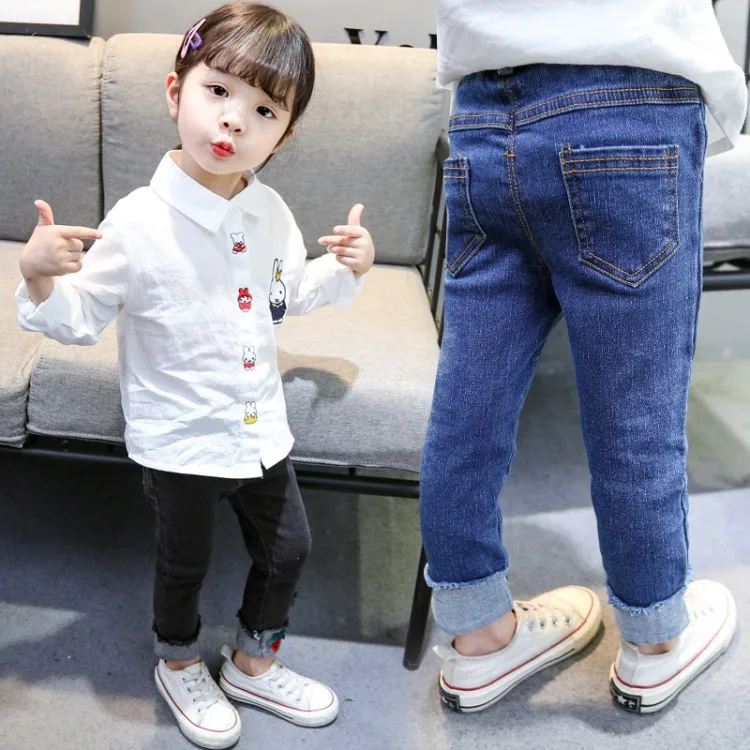 Girls' Trousers Autumn Medium-small Girls Strawberry Crimping Jeans Female Baby Autumn Clothing Korean-style Trousers