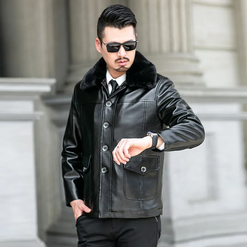 

Autumn And Winter Leather Coat Men's Fur Middle-aged Men's Fold-down Collar Wool Liner Leather Jacket Casual MEN'S Leather Coat