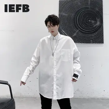 

IEFB /men's wear metal buckle stand collar large size sing pockets white shirt male 2020 autumn new loose long sleeve tops Y3407