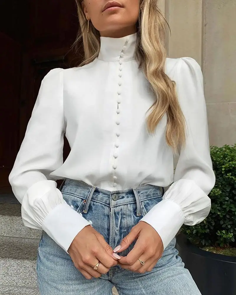 

2019 Autumn Women Elegant OL Style Work Shirt Female White Casual Basic Top Solid Long Sleeve Single Breasted Blouse