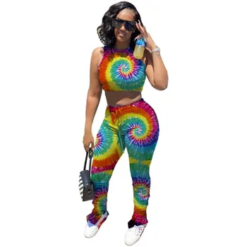 

Stacked Pleated Trousers Crop Tank Top Two Pieces Sets Women's Suits Summer Split Legging Flare Pants Vest Casual Sports Wear