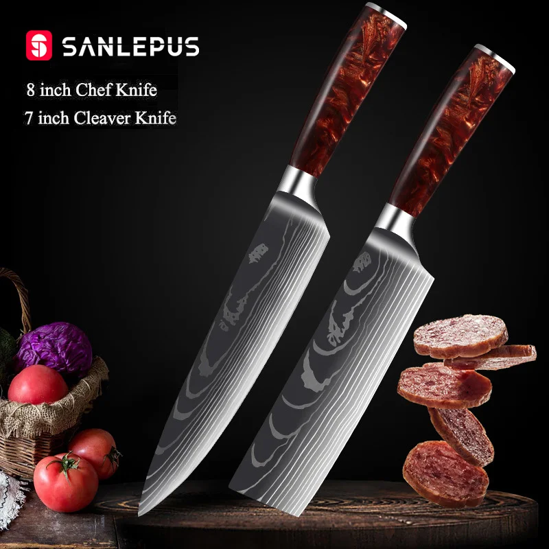 SANLEPUS Kitchen Knives Set 2PCS Laser Damascus Pattern Chef Knife Sharp Santoku Cleaver Slicing Utility Resin Handle | Дом и сад