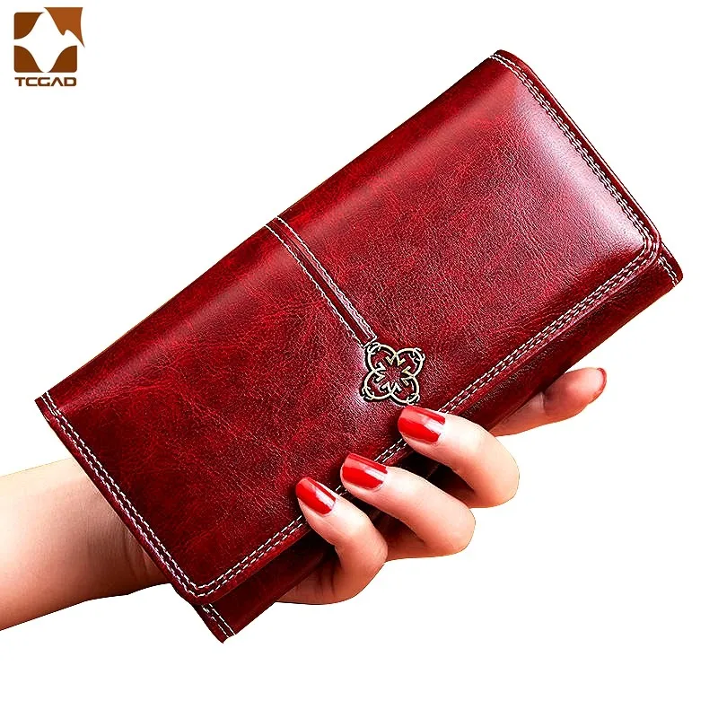 Billetera de cuero para mujer, monedero Vintage de doble pliegue para teléfono móvil, monedero femenino