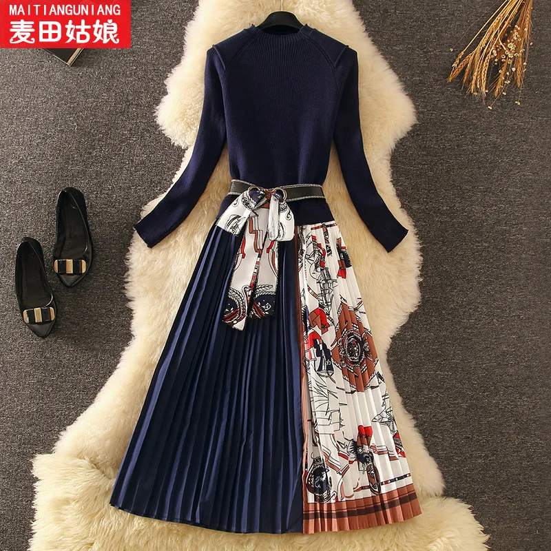

WOMEN'S Dress 2020 New Style Fashion Early Spring Mid-length Vintage Printed Pleated Skirt Waist Hugging Slimming Jersey Dress