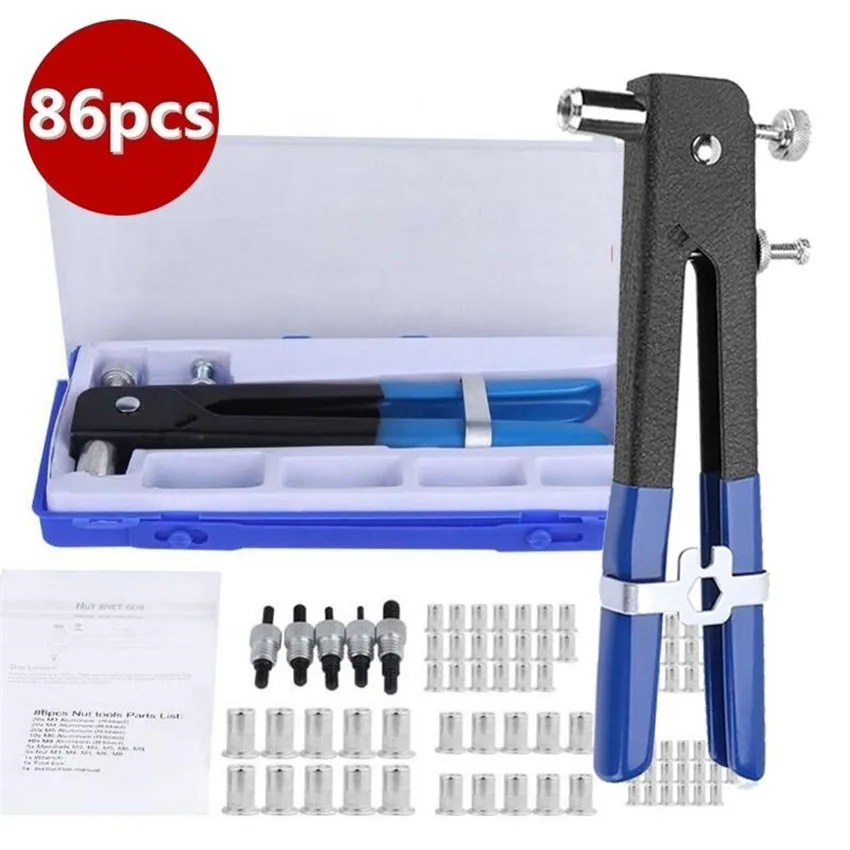 

86pcs/set Hand Stainless Steel Riveter Nut Rivet Gun Kit M3-M8 Manual Threaded Nut Rive Tool kit Nuts Metric Thread For Screws