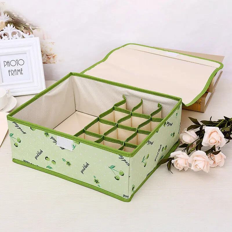 Портативный складной ящик для хранения нижнего белья 13 ящик с сеткой носки бюстгальтер перчатки Органайзер, держатель для шкафа коробка с крышкой - Цвет: Зеленый