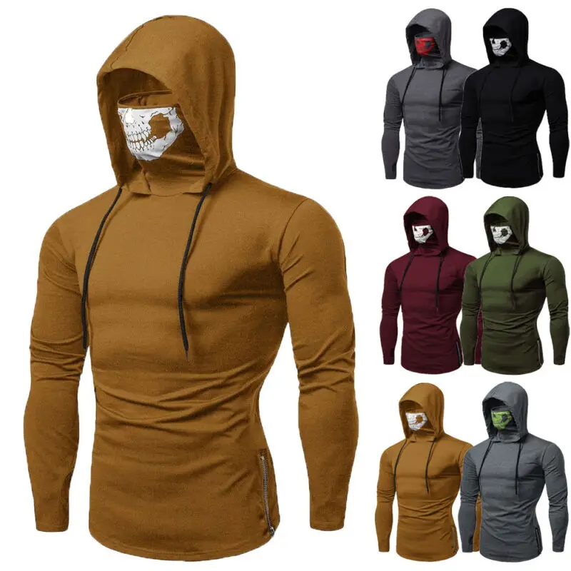 Men's Drawstring Zipper Skull Mask Hoodie Sweatshirt Hooded Tops Streetwear New Fashion Plus Size