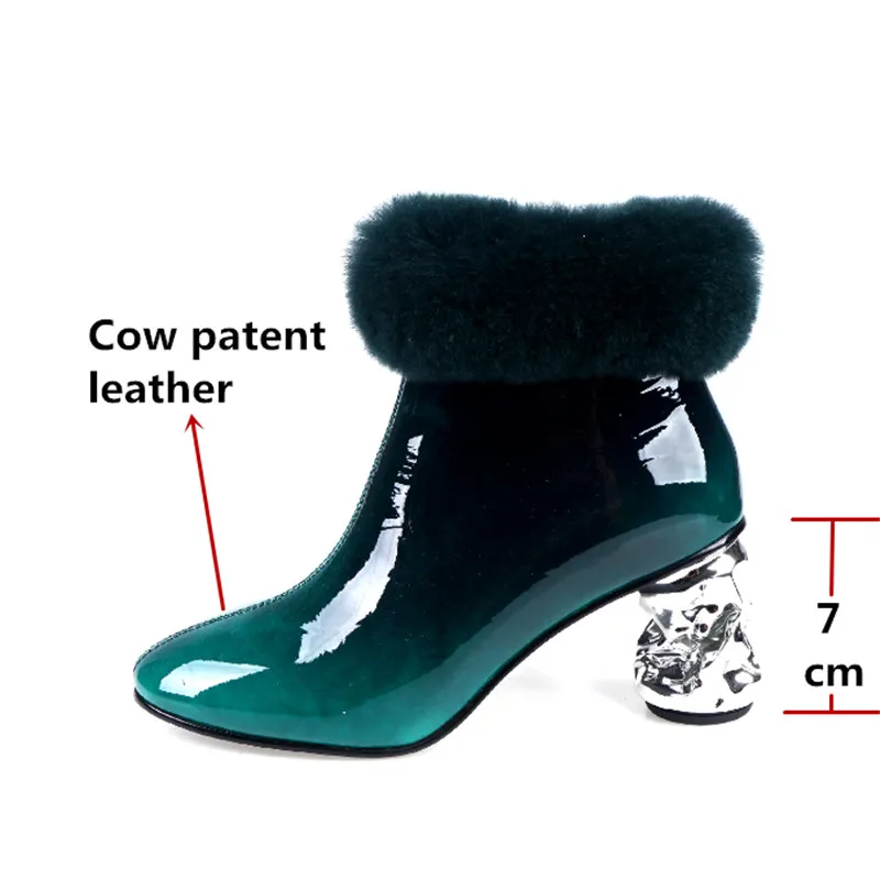 FEDONAS/пикантная обувь для танцев на высоком каблуке; женские ботинки «Челси» большого размера; теплые женские ботильоны из лакированной коровьей кожи с кроличьим мехом
