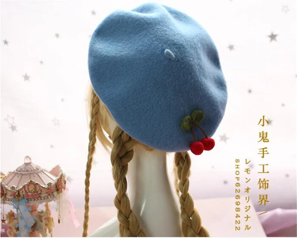 Mori Girl, вишневый берет с фруктами, Осень-зима, милые береты Лолиты, плоская шапка, японская женская теплая Милая шерстяная шапка для художника B538