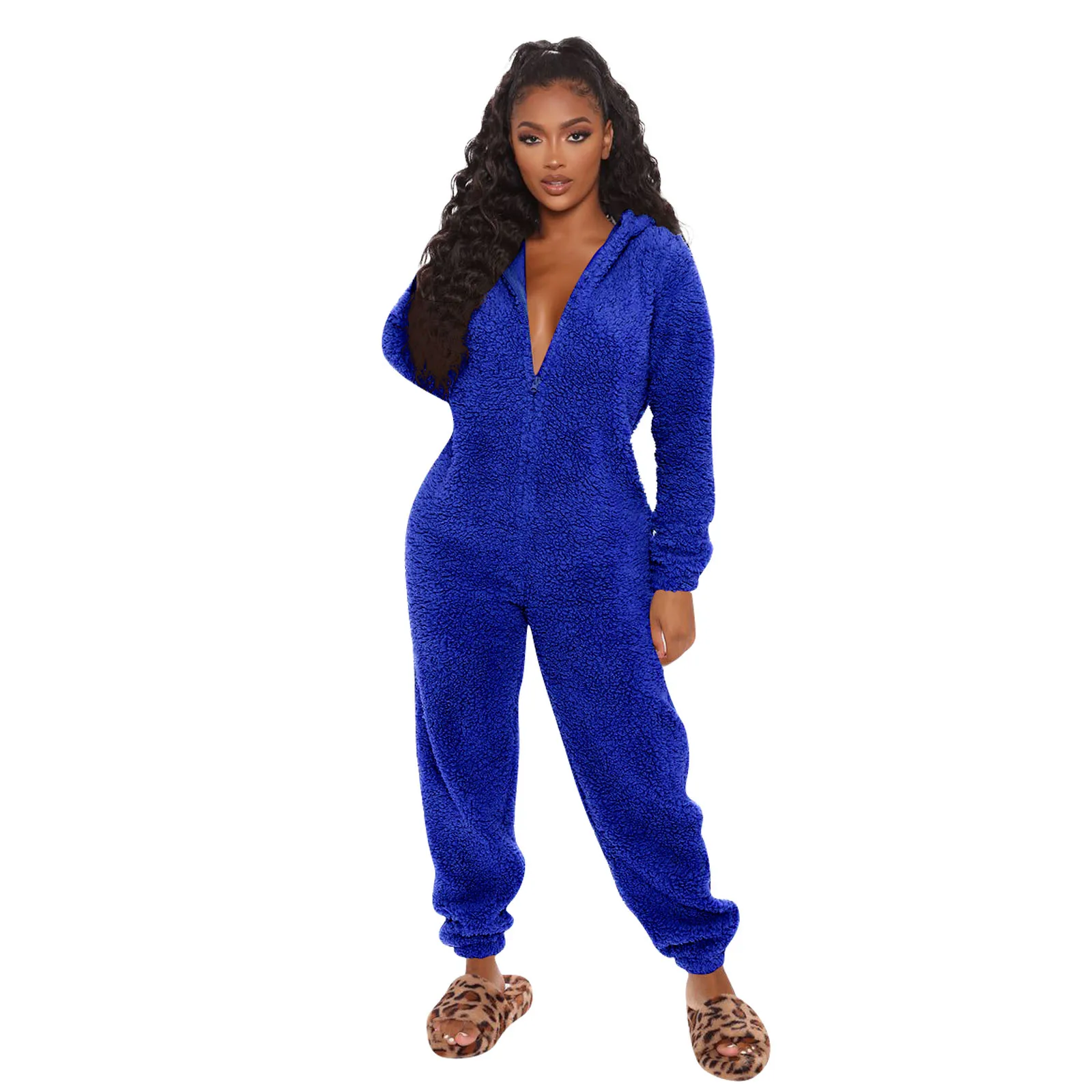 DEWADBOW Winter Warm Pyjamas Women Cute Fluffy Fleece Jumpsuits Sleepwear Overall Plus Size Hooded 1 piece Pajamas For Adults |