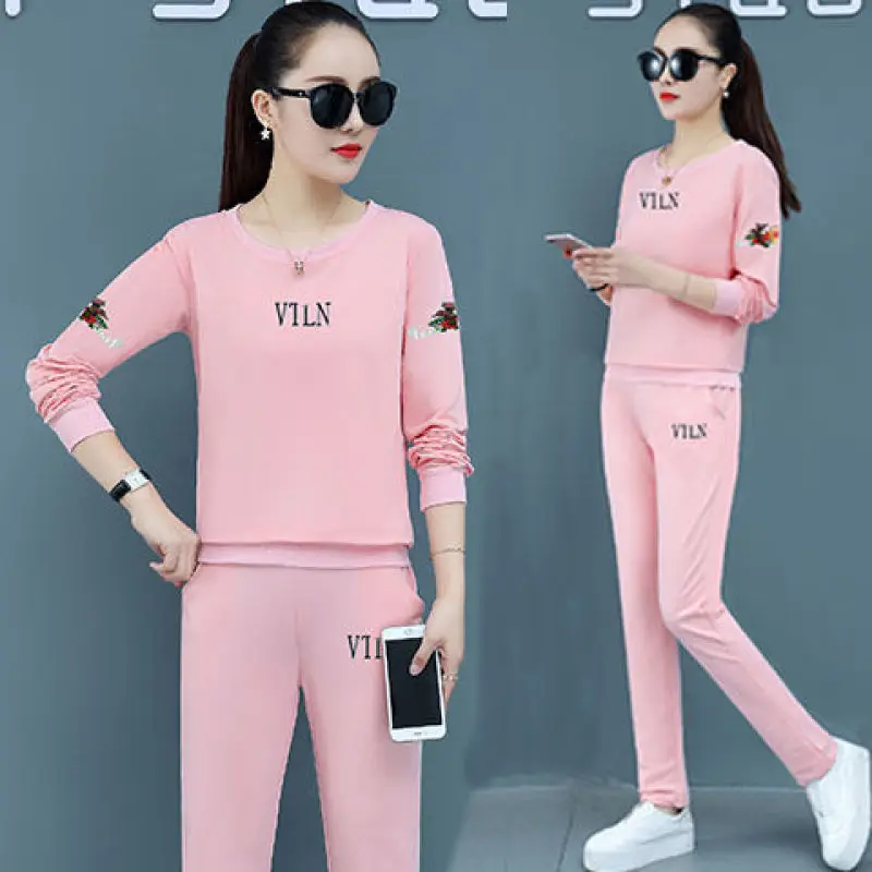 

Fashion New Sports Two Piece Set Top and Pants Long Sleeved Loose Outfits for Women Blue Pink Grey Black Clothes Spring Autumn