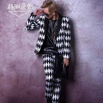 

Trend Male Singer Djds New Black And White Diamond Suit Set A Night Shop Bar Hairdressing Division Stage Clothes Blazer Homme
