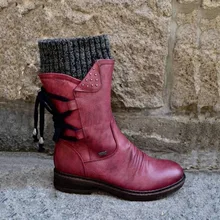 Женские ботинки модные осенние ботинки до середины икры из PU искусственной кожи с задней шнуровкой однотонная обувь на низком каблуке Женская обувь