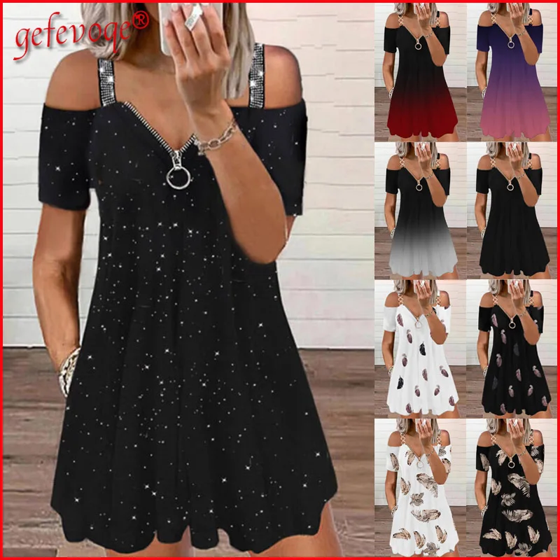 

Sequins Gradient Printed Sexy Off Shoulder Dresses 2021 Summer Women Elegant Short Sleeve Zipper Party Beach Mini Dress Vestidos
