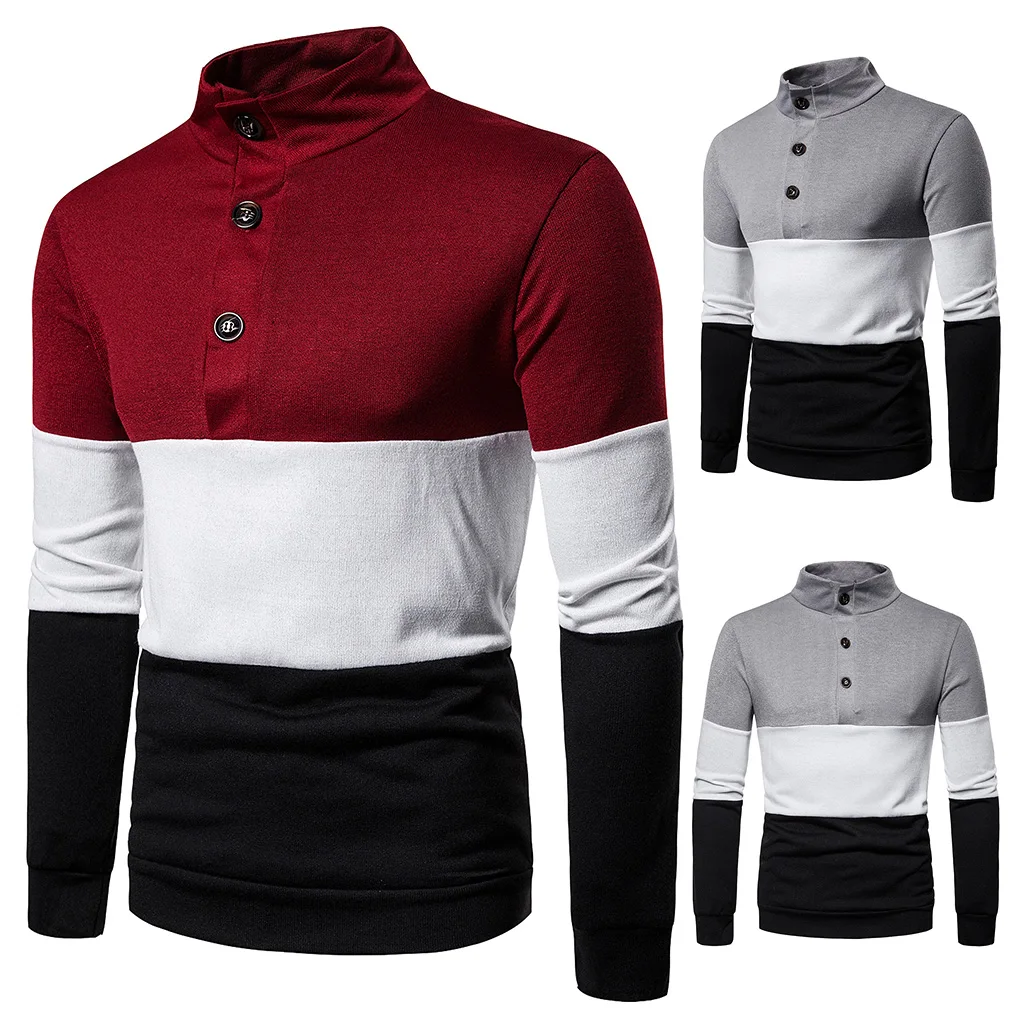 

Casual Fashion Sweater Men's Daily Coat Three-color Patchwork Knitted Sweaters Stand Button Collar Pullover Tops Men's Sweater