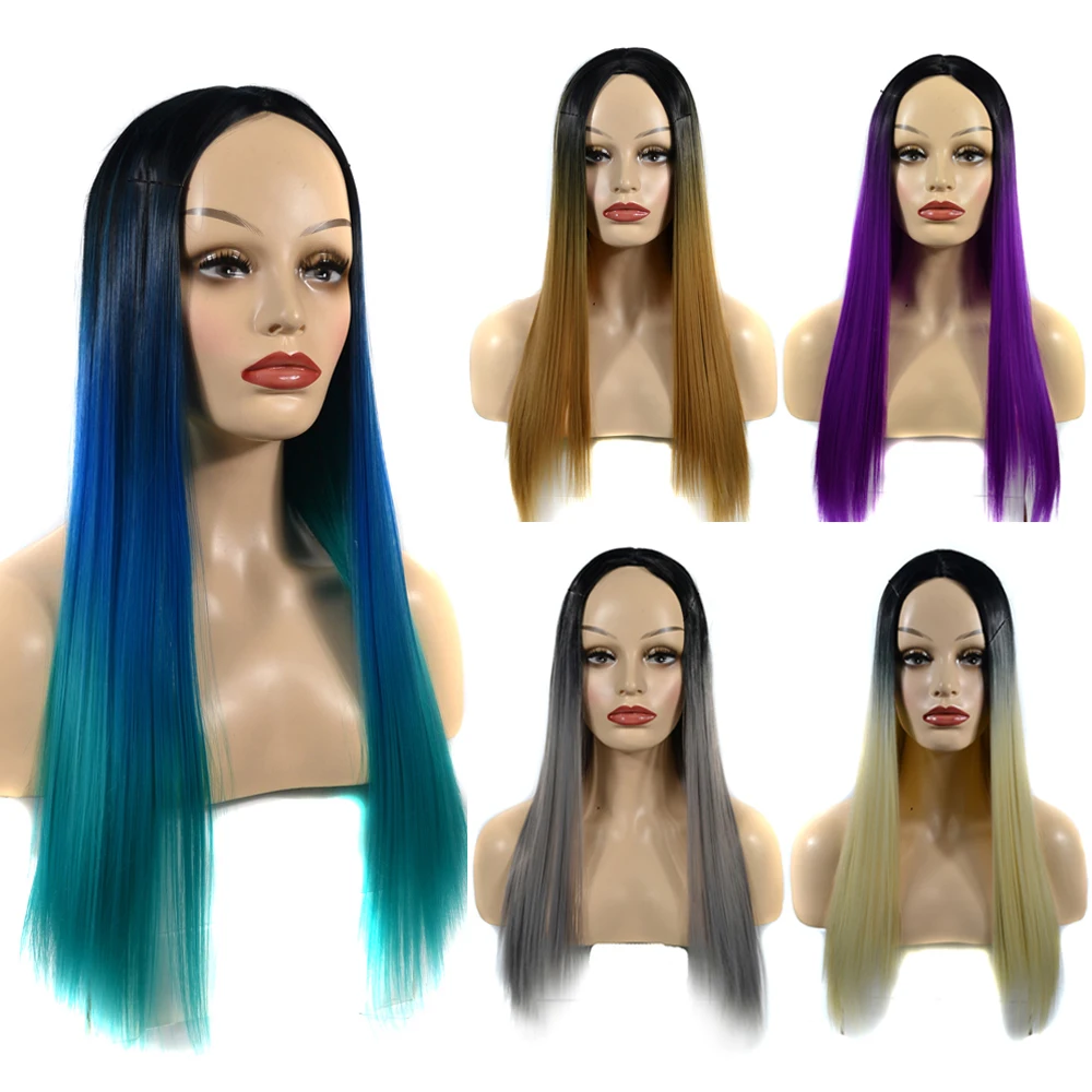 

Long Straight Wig Synthetic Wigs for Women With Middle Part Heat Resistant Cosplay Wig Orange Color Ombre Color Synthetic Hair