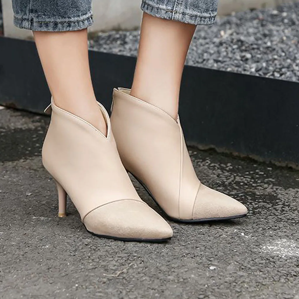 Autumn Ankle Women Boots Elegant Pointed Women Female High Heels Single Shoes Stitching Casual Ladies Fashion