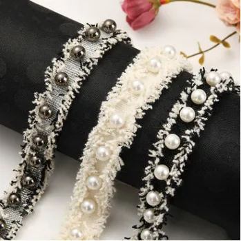 

Hot Sale Small Fragrance Gray White Nail Pearl Ribbon DIY Hand Sewing Lace Clothing Luggage Decoration Accessories Ribbon