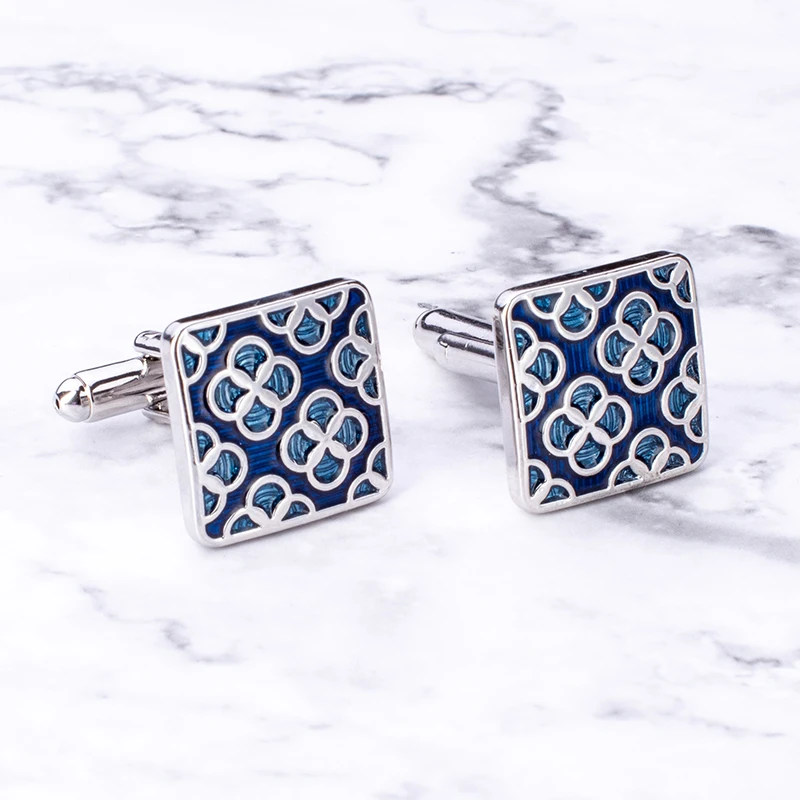 New Luxury Square Enamel Cufflinks Blue Flower Design Cuff Button Lucky Four-Leaf Clover Jewelry For Mens Wedding Business Gift