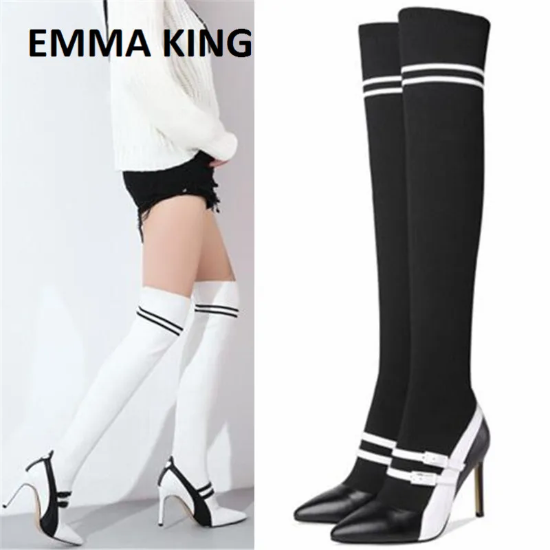 

EMMA KING Fashion Leather Runway Stretch Fabric Sock Boots Pointed Toe Over the Knee Boots Leather Pointed Heeled Women Shoes