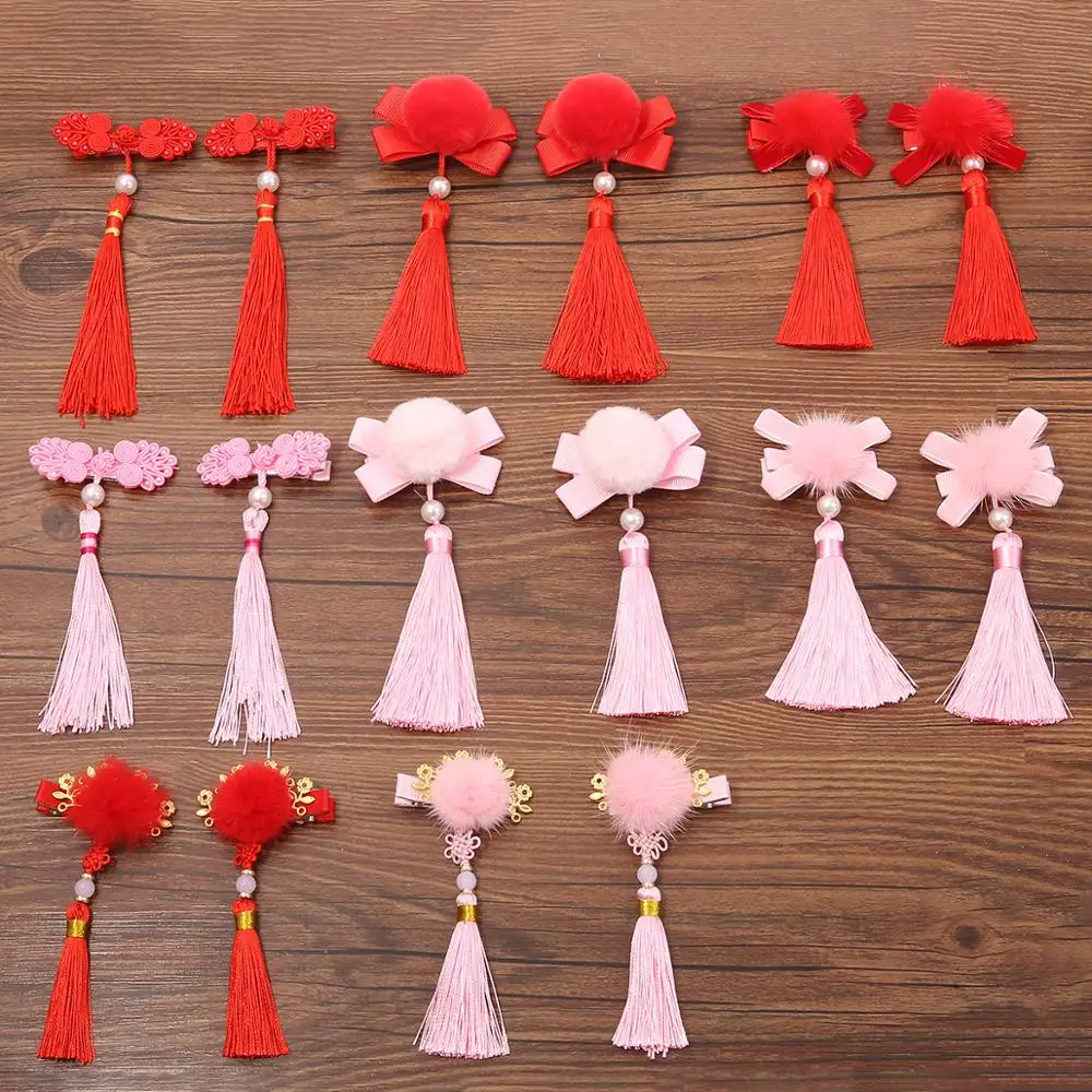 2 Pieces / Bag Tassel Hair Clip Red Headband Happy New Year Hairpin Handmade Fashion Accessories Bow |