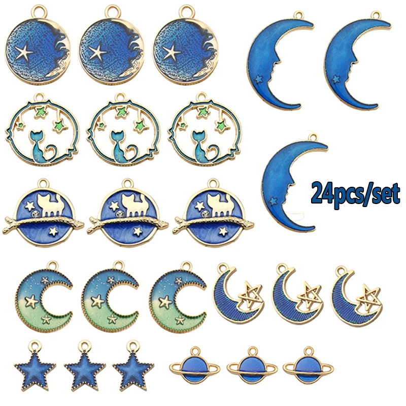 24pcs.set 8/24 предмета в комплекте Симпатичные Луна Звезда планета Эмаль Подвески Изысканный Синий кулон для ювелирных украшений своими руками браслет серьги Цепочки и ожерелья подарок для девочек - Окраска металла: 24pcs.set
