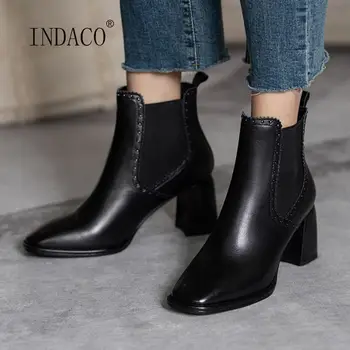

2020 New Women Boots Leather Fashion Ankle Boots For Women Square Toe Slip On High Heel Boots Female Thick Heel Shoes Autumn