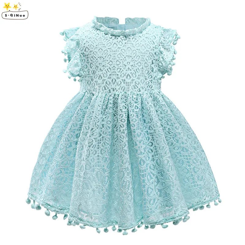 Платье для девочек Лето г. Модное корейское кружевное однотонное повседневное детское платье принцессы Детские платья для девочек, одежда - Цвет: Небесно-голубой