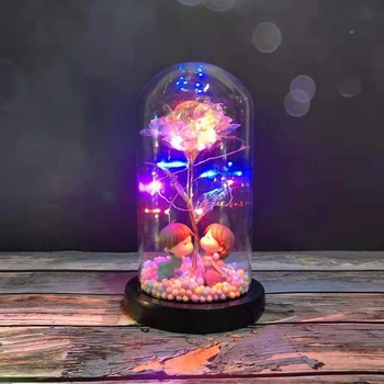 

Artificial Flowers In Glass Cover For Valentine'S Day Gift Red Rose With LED Light In Glass Wedding Decoration